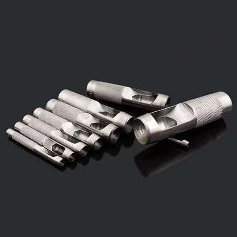 Heavy Duty Leather And Canvas Hole Punch Set, 12 Piece Hollow Punch Tool Kit With Sizes From 1mm To 10mm, Ergonomic Grip displayed on dark background