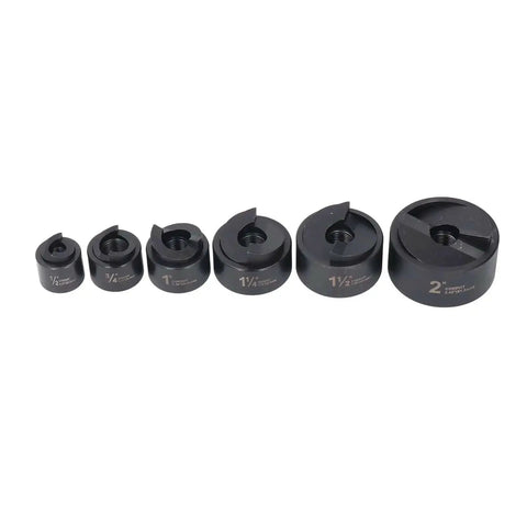 Set of six hardened steel punches included in Ratchet Hole Punch Kit For Cutting Clean Burr Free Holes From Half Inch To Two Inch In Metal