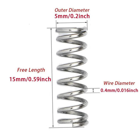 Compression spring, 304 stainless steel; 5mm outer diameter, 15mm free length, 0.4mm wire diameter