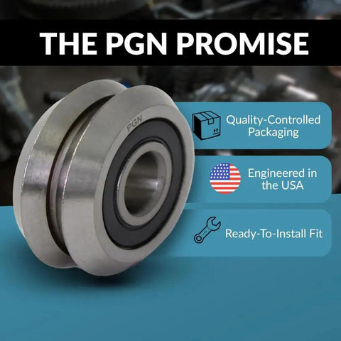 Close-up of Four Pack RM2-2RS Three Eighths Inch Rubber Sealed V Groove Roller Ball Bearing, chrome steel with PGN branding.