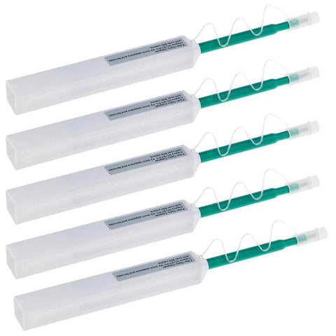 Five fiber optic cleaner pens with green bodies and white caps for 2.5mm SC/FC/ST ferrules (APC variants), 800+ cleans.