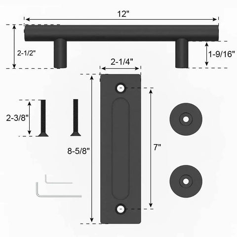 12 Inch Sliding Barn Door Handles Hardware With Flush Finger Pull, Double Sided Design, Heavy Duty Solid Steel Barn Door Kit In Black Finish