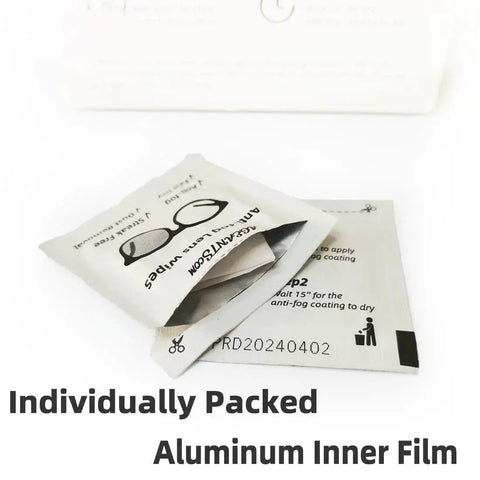 Individually packed Anti Fog Lens Wipes For Glasses And Screens 100 Pack Pre Moistened Quick Dry with aluminum inner film.