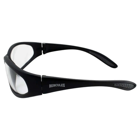 Side view of Hercules Safety Glasses with Shatterproof Lenses ANSI Z87, black nylon frame, rubber ear pads for comfort.