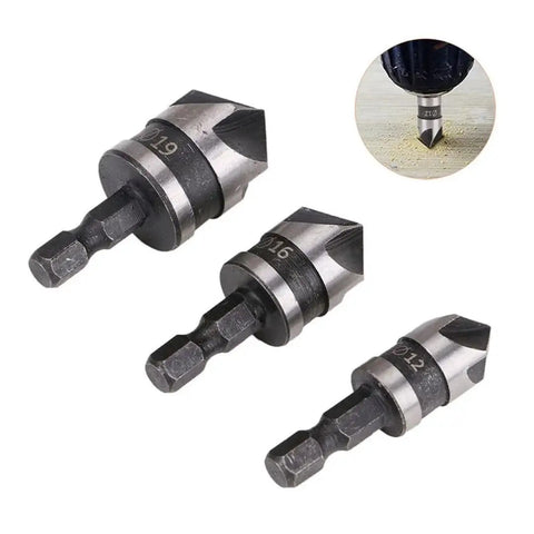 Three Piece Countersink Chamfer Drill Bit Set With One Quarter Inch Hex Shank 90 Degree Chamfer Five Flute Fast Cutting For Wood