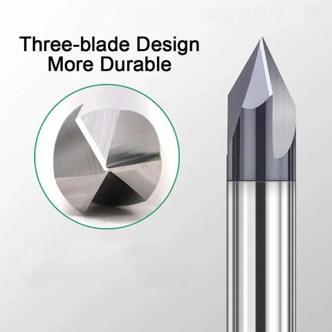 Carbide V Groove End Mills Set Four Pcs Pro Grade 3 Flute CNC Router Bits close-up showing three-blade design with TiAlN coating.