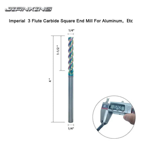 Extra Long 1 Quarter Inch Carbide Square End Mill 4 Inch Overall Length 3 Flute HRC 55 DLC Coated CNC Router Bit For Aluminum Copper Alloy Plastic Wood Plywood MDF Oak Hardwood Pro Grade