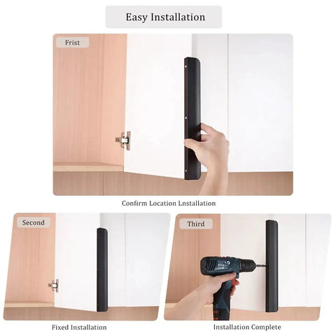 Step-by-step installation of Edge Black Finger Pulls for Cabinets Concealed Back Mount Drawer Handles on white cabinet.