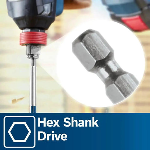 Daredevil Spade Bit Set In Pouch From Bosch With Full Cone Threaded Tip For Fast Drilling Contoured Paddle For Quick Chip Removal Hex Shank Power Groove Reducing Slippage And Spur Reamer Tips For Cleaner Holes Includes Quarter To Eleven Sixteenth Inch in use with drill and close-up of hex shank drive