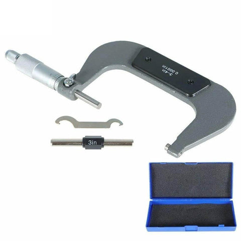 3 To 4 Inch Precision Outside Micrometer With Carbide Tip, 0.0001 Inch Resolution, Stainless Steel Frame displayed with parts and case