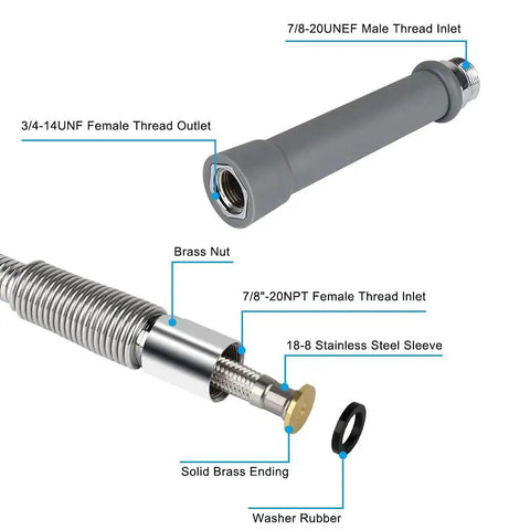 60 Inch Pre Rinse Sprayer Hose With Heat Resistant Handle Pro Grade Replacement components including adapters and fittings