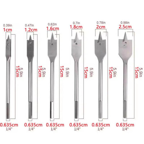 Six Piece Spade Drill Bit Set With Quick Change Hex Shank For Woodworking, Sizes Three Eighths To One Inch, Flat Paddle Bits