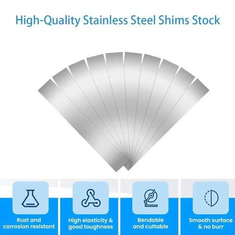 30 Piece 304 Stainless Shim Stock Set 1 Inch By 6 Inch With 10 Thicknesses displayed fanned out, highlighting smooth surface.
