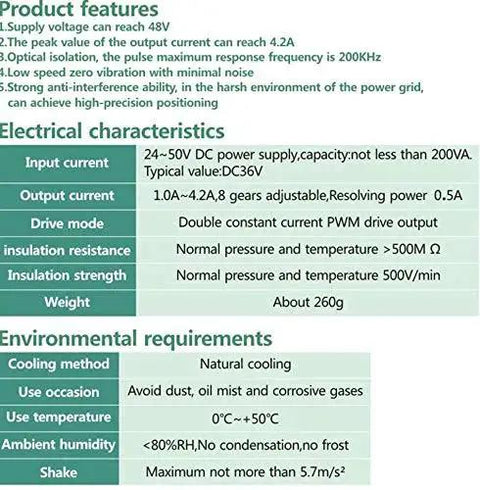 DM542 Digital Microstep Driver features and specifications chart for Nema 17/23/34 stepper motors