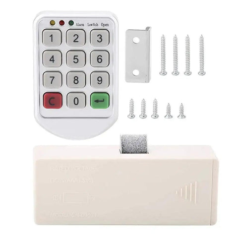 Code Lock Keypad Cabinet Lock With ABS Plastic Panel, supports temporary or fixed passwords, shown with installation screws