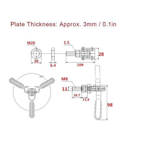 Technical diagram of Heavy Duty 300 Lb Quick Release Toggle Clamp With 304 Stainless Steel Construction, 38mm Stroke