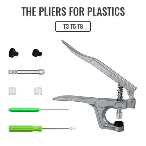 All Purpose Snap Pliers Kit For Crafts And Clothing with pliers, rod, awl, screwdriver for T3 T5 T8 snaps shown in components
