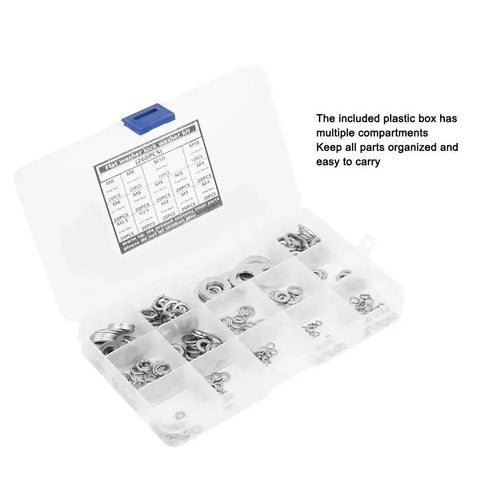 Go To Pro Grade 260 Piece Stainless Steel Spring Lock Washers Kit With Anti Rust Gaskets And Retaining Rings Assortment In An Organized Box.