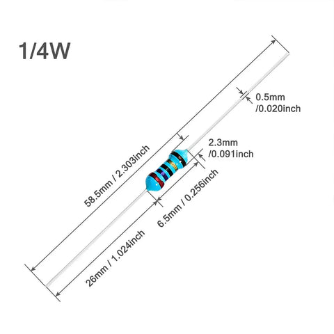 Chanzon 1/4W metal film axial resistor, blue body with color-band code for through-hole mounting.