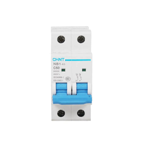 Front view of 2P Miniature Circuit Breaker NB1-63 Series 2A To 63A, C Curve, Low Voltage DIN Rail Mount, Motor Protection, 230/400V, CE Certified