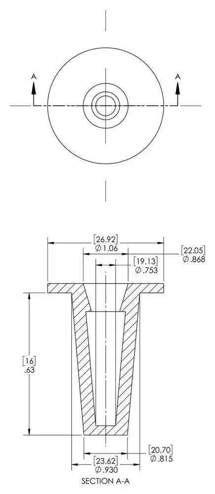 Technical drawing of Tapered Red LD-PE Cap And Plug For Protection And Sealing In Masking Applications, diagram of dimensions.