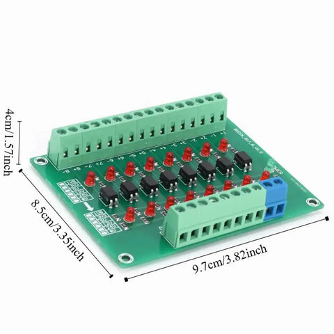 8 Channel Optical Isolation Module Workhorse 12 Volt To 3V3 Converter For PLCs, green board with connectors and dimensions.