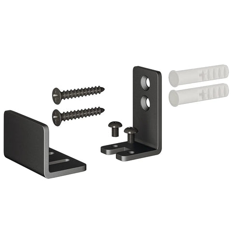 Two Pack Adjustable U Shape Barn Door Floor Guides For Floor And Wall Mount Flexible Flush Bottom Sturdy Steel In Black Finish Fits Non Grooved Doors 15/16 In To 1 7/16 In And Grooved Doors 1 7/8 In To 2 7/8 In Includes 8 Screws, showing parts, screws, and brackets.