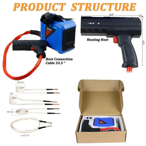 Product structure of Induction Bolt Heater for Auto Repair, 1800W 110V Flameless Handheld Heat Tool with 4 Coils shown