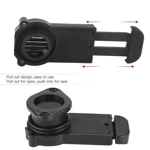 Boat drain valve, PVC marine-grade scupper with pull-out design; front and close-up views