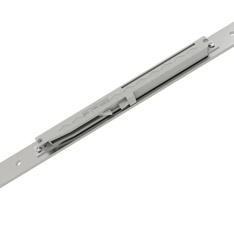 Close-up of Brushed Nickel Sliding Barn Door Hardware Track Kit With Soft Close, top-mounted heavy-duty six-foot system for 36-inch panels.