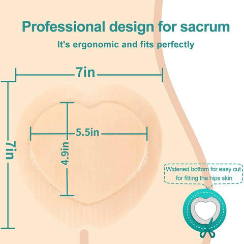 Sacral Wound Dressing Foam Bandage With Silicone Border, Waterproof Absorbent Breathable, heart-shaped design with dimensions.