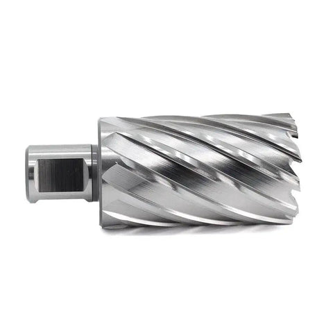 Side view of Annular Cutter For Magnetic Drill Press One And Seven Sixteenths Inch Cutting Diameter With Two Inch Cutting Depth Three Quarter Inch Weldon Shank And Two Flats Pilot Pin 6.34x102mm Delivers Holes Up To Ten Times Faster Than Regular Bits For Quick Heavy.