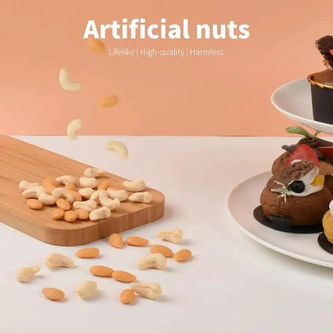 Set Of 100 Realistic Fake Almond And Cashew Nuts For Home Decor And Photography Props with nuts on a cutting board and desserts.
