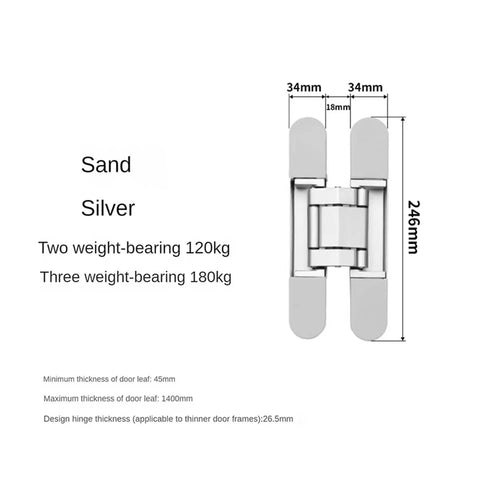 Hidden Ball Bearing Door Hinge With Invisible Secret Design, Adjustable Cross Hinge For Smooth Quiet Operation, Load Bearing 120-180 Kg, Silver Finish, Front View