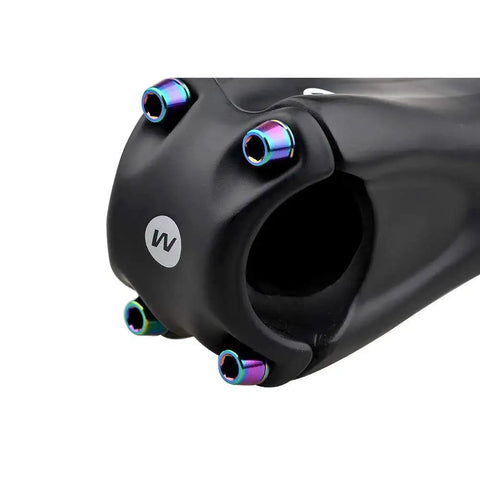 Titanium Bicycle Stem Bolts With Washers Rainbow Finish M5x18mm installed on bicycle stem.