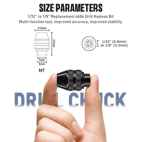Pro Grade All Metal 3 Jaw Keyless Quick Change Rotary Tool Chuck Set 0.8 To 3.2Mm Brass Collet shown on hand, size details