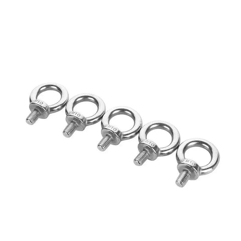 5 Piece Stainless Steel Ring Eye Bolts M10 Male Thread For Heavy Duty Machinery Lifting Shoulder Eye Bolts aligned on white background
