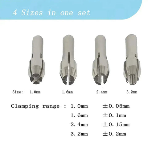 Quick Change Rotary Collet Set With Clamping Nuts For Dremel Tools 9Pcs; 4 stainless steel collets showing diameter sizes