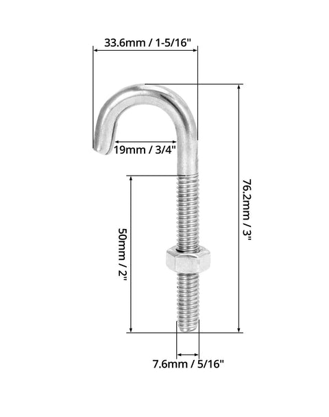 High Strength Steel J Bolt Five Sixteenth Inch Diameter By Three Inch Length With Nut Ten Pack Partial Thread Light Duty Anchor