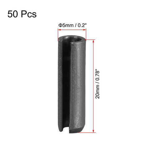 Slotted Spring Pin 5mm x 20mm, Plain Finish 65Mn Roll Assortment Kit, 50 Pieces, heavy duty mechanical fasteners, close-up view