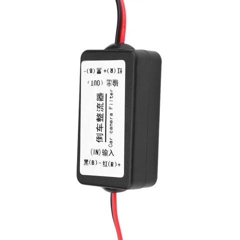 12V DC Car Rearview Camera Power Relay Capacitor Filter Rectifier Kit for stable 12V supply, showing compact black module with wires