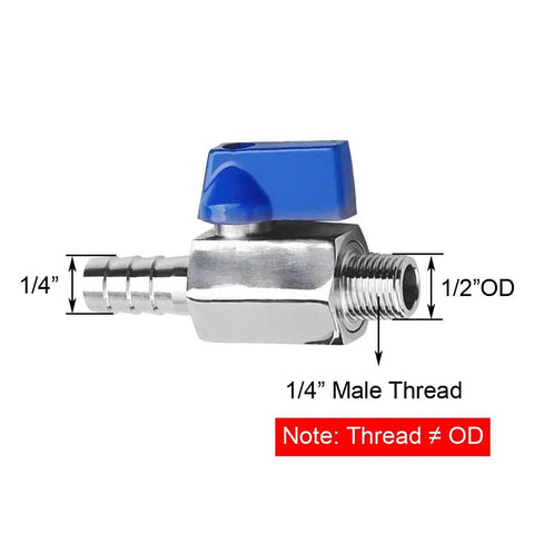 BesNPT stainless steel shut-off valve with blue lever, 1/4in NPT male to 1/4in hose barb for water, fuel, or air