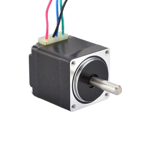 Stepper motor Nema11 bipolar, black housing with silver faceplate and protruding shaft; 4-wire connector.