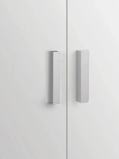 Adhesive Cabinet Pulls 5 Pack 3 To 9 Sixteen Inch Length Covers 3 Inch Hole Center No Drill Finger Pulls installed on white cabinet