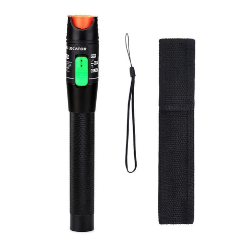 Visual fault locator pen, black body with orange tip and green switch, includes lanyard and carrying case.