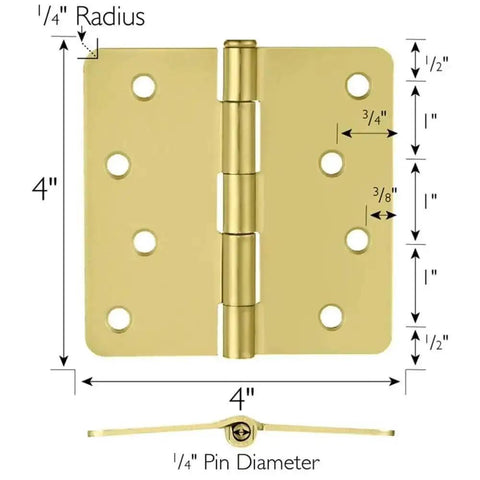 Heavy Duty Steel Door Hinges Satin Brass Finish 4 Inch Radius with measurements, one quarter inch pin diameter.