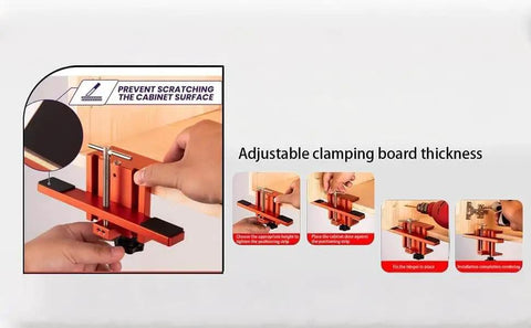 Universal Cabinet Door Mounting Jig For Easy Hinge Alignment And Drilling Template in use on a wooden cabinet surface.