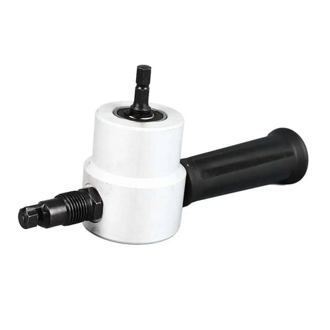 Close-up of dual head sheet metal cutter nibbler with 360 degree adjustable cutting, showing two head design for smooth burr-free cuts.
