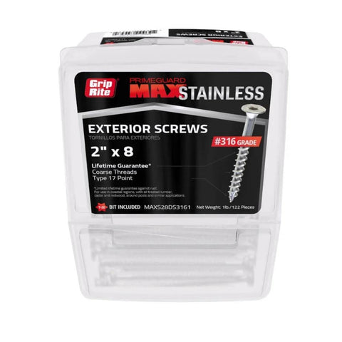 PrimeGuard Max No 8 x 2 Inch Deck Screws In 316 Stainless Steel With Torx T20 Star Drive Coastal Grade 1 Lb Box