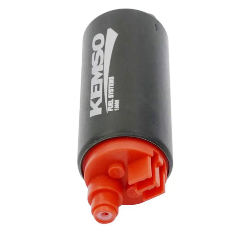 High-Flow In-Tank Fuel Pump For Kawasaki KX450F, KX450, KX450X, KX250F, KX250, KX250X, ER-6N, Ninja 650R, EX650, Versys 650, KLE650 Ethanol Ready, 200LPH Output, Bypass Valve Set Higher Than Stock, Serialized Body For Lifetime Reliability shown in a black and red cylindrical design